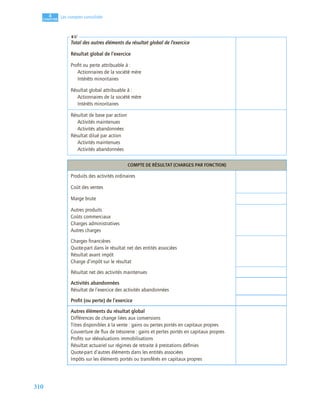 310
4
C
C
C
CH
H
H
HA
A
A
AP
P
P
PI
I
I
IT
T
T
TR
R
R
RE
E
E
E
Les comptes consolidés
Total des autres éléments du résultat global de l’exercice
Résultat global de l’exercice
Proﬁt ou perte attribuable à :
Actionnaires de la société mère
Intérêts minoritaires
Résultat global attribuable à :
Actionnaires de la société mère
Intérêts minoritaires
Résultat de base par action
Activités maintenues
Activités abandonnées
Résultat dilué par action
Activités maintenues
Activités abandonnées
COMPTE DE RÉSULTAT (CHARGES PAR FONCTION)
Produits des activités ordinaires
Coût des ventes
Marge brute
Autres produits
Coûts commerciaux
Charges administratives
Autres charges
Charges ﬁnancières
Quote-part dans le résultat net des entités associées
Résultat avant impôt
Charge d’impôt sur le résultat
Résultat net des activités maintenues
Activités abandonnées
Résultat de l’exercice des activités abandonnées
Proﬁt (ou perte) de l’exercice
Autres éléments du résultat global
Différences de change liées aux conversions
Titres disponibles à la vente : gains ou pertes portés en capitaux propres
Couverture de ﬂux de trésorerie : gains et pertes portés en capitaux propres
Proﬁts sur réévaluations immobilisations
Résultat actuariel sur régimes de retraite à prestations déﬁnies
Quote-part d’autres éléments dans les entités associées
Impôts sur les éléments portés ou transférés en capitaux propres
 
