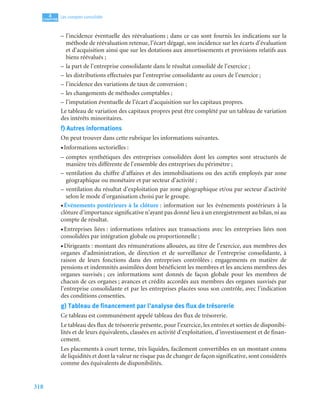 318
4
C
C
C
CH
H
H
HA
A
A
AP
P
P
PI
I
I
IT
T
T
TR
R
R
RE
E
E
E
Les comptes consolidés
– l’incidence éventuelle des réévaluations ; dans ce cas sont fournis les indications sur la
méthode de réévaluation retenue, l’écart dégagé, son incidence sur les écarts d’évaluation
et d’acquisition ainsi que sur les dotations aux amortissements et provisions relatifs aux
biens réévalués ;
– la part de l’entreprise consolidante dans le résultat consolidé de l’exercice ;
– les distributions effectuées par l’entreprise consolidante au cours de l’exercice ;
– l’incidence des variations de taux de conversion ;
– les changements de méthodes comptables ;
– l’imputation éventuelle de l’écart d’acquisition sur les capitaux propres.
Le tableau de variation des capitaux propres peut être complété par un tableau de variation
des intérêts minoritaires.
f) Autres informations
On peut trouver dans cette rubrique les informations suivantes.
• Informations sectorielles :
– comptes synthétiques des entreprises consolidées dont les comptes sont structurés de
manière très différente de l’ensemble des entreprises du périmètre ;
– ventilation du chiffre d’affaires et des immobilisations ou des actifs employés par zone
géographique ou monétaire et par secteur d’activité ;
– ventilation du résultat d’exploitation par zone géographique et/ou par secteur d’activité
selon le mode d’organisation choisi par le groupe.
• Événements postérieurs à la clôture : information sur les événements postérieurs à la
clôture d’importance significative n’ayant pas donné lieu à un enregistrement au bilan, ni au
compte de résultat.
• Entreprises liées : informations relatives aux transactions avec les entreprises liées non
consolidées par intégration globale ou proportionnelle ;
• Dirigeants : montant des rémunérations allouées, au titre de l’exercice, aux membres des
organes d’administration, de direction et de surveillance de l’entreprise consolidante, à
raison de leurs fonctions dans des entreprises contrôlées ; engagements en matière de
pensions et indemnités assimilées dont bénéficient les membres et les anciens membres des
organes susvisés ; ces informations sont donnés de façon globale pour les membres de
chacun de ces organes ; avances et crédits accordés aux membres des organes susvisés par
l’entreprise consolidante et par les entreprises placées sous son contrôle, avec l’indication
des conditions consenties.
g) Tableau de financement par l’analyse des flux de trésorerie
Ce tableau est communément appelé tableau des flux de trésorerie.
Le tableau des flux de trésorerie présente, pour l’exercice, les entrées et sorties de disponibi-
lités et de leurs équivalents, classées en activité d’exploitation, d’investissement et de finan-
cement.
Les placements à court terme, très liquides, facilement convertibles en un montant connu
de liquidités et dont la valeur ne risque pas de changer de façon significative, sont considérés
comme des équivalents de disponibilités.
 