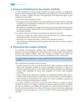 322
4
C
C
C
CH
H
H
HA
A
A
AP
P
P
PI
I
I
IT
T
T
TR
R
R
RE
E
E
E
Les comptes consolidés
2. Processus d’établissement des comptes combinés
L’entité combinante est l’entité chargée d’établir les comptes combinés. Sa désignation,
parmi les entités dominantes dans la combinaison, fait l’objet d’une convention écrite entre
toutes ces entités. À défaut d’accord et sauf application d’une disposition légale, aucune
combinaison n’est établie.
La convention doit notamment préciser :
– les engagements pris afin de garantir une durée suffisante aux accords ou liens conduisant
à l’exigence et aux méthodes de combinaison d’un exercice à l’autre, dans le respect des
règles applicables en la matière ;
– les conditions et modalités des engagements pris par les parties prenantes afin de garantir
la transmission dans les délais fixés de toutes les informations nécessaires à l’établissement
des comptes combinés.
Les comptes combinés sont obtenus en procédant aux opérations suivantes :
– cumul des comptes des entités faisant partie du périmètre des comptes combinés,
éventuellement après retraitements et reclassement ;
– élimination des comptes réciproques : actifs et passifs, charges et produits ;
– neutralisation des résultats provenant d’opérations effectuées entre les entités comprises
dans le périmètre.
3. Présentation des comptes combinés
Les méthodes de présentation adoptées pour l’établissement des comptes combinés
peuvent ne pas être homogènes avec celles retenues par certaines entités incluses dans le
périmètre des comptes combinés. Dans cette situation, les comptes de ces entités sont
reclassés conformément aux normes communes, préalablement à leur combinaison.
Elles comportent les principaux aspects suivants ;
– la valeur d’entrée des actifs et passifs de chacune des entités combinées est égale à leur
valeur nette comptable, retraitée aux normes comptables communes, à la date de la
première combinaison. Dans le cas des entités incluses dans le périmètre de combinaison
comme entités consolidées, la valeur nette comptable est la valeur nette comptable
consolidée ;
– comme l’entrée d’une entité dans le périmètre de combinaison provient d’une mise en
commun d’intérêts économiques,il ne peut exister ni écart d’acquisition ni écart d’évaluation ;
– l’écart résultant de l’harmonisation des comptes aux normes comptables communes est
ajouté ou retranché des fonds propres combinés.
Les comptes combinés comprennent au moins le bilan combiné, le compte de résultat
combiné et l’annexe aux comptes combinés. Ils peuvent également inclure un tableau
des flux de trésorerie et un tableau de variation des capitaux propres combinés. Le
format des états de synthèse et le contenu de l’annexe sont, sous réserve des adaptations
nécessaires, ceux prévus pour les comptes consolidés (§ 400 à 426 du règlement 99-02
du CRC).
Les règles d’évaluation applicables aux comptes combinés sont celles prévues en matière de comptes
consolidés.
 
