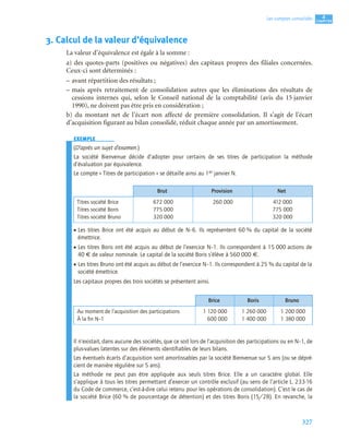 327
4
C
C
C
CH
H
H
HA
A
A
AP
P
P
PI
I
I
IT
T
T
TR
R
R
RE
E
E
E
Les comptes consolidés
3. Calcul de la valeur d’équivalence
La valeur d’équivalence est égale à la somme :
a) des quotes-parts (positives ou négatives) des capitaux propres des filiales concernées.
Ceux-ci sont déterminés :
– avant répartition des résultats ;
– mais après retraitement de consolidation autres que les éliminations des résultats de
cessions internes qui, selon le Conseil national de la comptabilité (avis du 15 janvier
1990), ne doivent pas être pris en considération ;
b) du montant net de l’écart non affecté de première consolidation. Il s’agit de l’écart
d’acquisition figurant au bilan consolidé, réduit chaque année par un amortissement.
EXEMPLE
(D’après un sujet d’examen.)
La société Bienvenue décide d’adopter pour certains de ses titres de participation la méthode
d’évaluation par équivalence.
Le compte « Titres de participation » se détaille ainsi au 1er janvier N.
• Les titres Brice ont été acquis au début de N–6. Ils représentent 60 % du capital de la société
émettrice.
• Les titres Boris ont été acquis au début de l’exercice N–1. Ils correspondent à 15 000 actions de
40 € de valeur nominale. Le capital de la société Boris s’élève à 560 000 €.
• Les titres Bruno ont été acquis au début de l’exercice N–1. Ils correspondent à 25 % du capital de la
société émettrice.
Les capitaux propres des trois sociétés se présentent ainsi.
Il n’existait, dans aucune des sociétés, que ce soit lors de l’acquisition des participations ou en N–1, de
plus-values latentes sur des éléments identiﬁables de leurs bilans.
Les éventuels écarts d’acquisition sont amortissables par la société Bienvenue sur 5 ans (ou se dépré-
cient de manière régulière sur 5 ans).
La méthode ne peut pas être appliquée aux seuls titres Brice. Elle a un caractère global. Elle
s’applique à tous les titres permettant d’exercer un contrôle exclusif (au sens de l’article L. 233-16
du Code de commerce, c’est-à-dire celui retenu pour les opérations de consolidation). C’est le cas de
la société Brice (60 % de pourcentage de détention) et des titres Boris (15/28). En revanche, la
Brut Provision Net
Titres société Brice
Titres société Boris
Titres société Bruno
672 000
775 000
320 000
260 000 412 000
775 000
320 000
Brice Boris Bruno
Au moment de l’acquisition des participations
À la ﬁn N–1
1 120 000
1 600 000
1 260 000
1 400 000
1 200 000
1 380 000
 