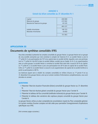 4
C
C
C
CH
H
H
HA
A
A
AP
P
P
PI
I
I
IT
T
T
TR
R
R
RE
E
E
E
361
Les comptes consolidés
ANNEXE 5
Extrait du bilan consolide au 31 décembre N–1
APPLICATION 35
Documents de synthèse consolidés IFRS
Vous êtes amené(e) à présenter les comptes consolidés du groupe Hector. Le groupe Hector est un groupe
de cinq sociétés anonymes qui s’est constitué à compter de l’exercice N–5. La société Hector a pris le
1er juillet N–5 une participation de 70 % du capital dans la société Achille, laquelle a pris une participa-
tion le 1er juillet N–4 de 60 % dans la société Hélène, société sise en Suède. En N–3, en coparticipation
avec un autre groupe, la société Hector a constitué la société Pâris dont elle a souscrit 50 % du capital.
Le 1er juillet N–2, la société Hector a pris une participation de 30 % dans le capital de la société Priam.
Enﬁn, le 1er juillet N, la société Hector a souscrit à une augmentation de capital de la société Achille et a
porté sa participation à 80 %.
Les balances (ayant servi à établir les comptes consolidés) en milliers d’euros au 1er janvier N et au
31 décembre N du groupe Hector, ainsi qu’un certain nombre d’informations complémentaires, vous sont
données en annexe.
QUESTIONS
1. Présenter l’état de situation ﬁnancière (bilan) consolidé du groupe Hector au 31 décembre
N.
2. Présenter l’état de résultat global consolidé du groupe Hector pour l’année N.
3. Présenter le tableau de ﬂux consolidé (méthode indirecte) du groupe Hector pour l’année N.
4. Présenter le tableau des variations des capitaux propres consolidé du groupe Hector pour
l’année N.
Le groupe Hector utilise un plan comptable de consolidation inspiré du Plan comptable général.
Un certain nombre d’autres comptes ont été créés pour permettre l’enregistrement d’opérations
spéciﬁques aux IFRS.
(Voir annexes pages suivantes.)
Capital
Réserves du groupe
Résultat de l’exercice du groupe
200 000
237 692
45 535
483 227
Intérêts minoritaires
Résultats minoritaires
140 153
10 850
151 003
 