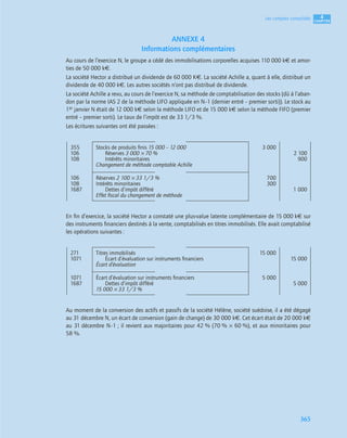 4
C
C
C
CH
H
H
HA
A
A
AP
P
P
PI
I
I
IT
T
T
TR
R
R
RE
E
E
E
365
Les comptes consolidés
ANNEXE 4
Informations complémentaires
Au cours de l’exercice N, le groupe a cédé des immobilisations corporelles acquises 110 000 k€ et amor-
ties de 50 000 k€.
La société Hector a distribué un dividende de 60 000 K€. La société Achille a, quant à elle, distribué un
dividende de 40 000 k€. Les autres sociétés n’ont pas distribué de dividende.
La société Achille a revu, au cours de l’exercice N, sa méthode de comptabilisation des stocks (dû à l’aban-
don par la norme IAS 2 de la méthode LIFO appliquée en N–1 (dernier entré – premier sorti)). Le stock au
1er janvier N était de 12 000 k€ selon la méthode LIFO et de 15 000 k€ selon la méthode FIFO (premier
entré – premier sorti). Le taux de l’impôt est de 33 1/3 %.
Les écritures suivantes ont été passées :
En ﬁn d’exercice, la société Hector a constaté une plus-value latente complémentaire de 15 000 k€ sur
des instruments ﬁnanciers destinés à la vente, comptabilisés en titres immobilisés. Elle avait comptabilisé
les opérations suivantes :
Au moment de la conversion des actifs et passifs de la société Hélène, société suédoise, il a été dégagé
au 31 décembre N, un écart de conversion (gain de change) de 30 000 k€. Cet écart était de 20 000 k€
au 31 décembre N–1 ; il revient aux majoritaires pour 42 % (70 % × 60 %), et aux minoritaires pour
58 %.
355 Stocks de produits ﬁnis 15 000 – 12 000 3 000
106 Réserves 3 000 × 70 % 2 100
108 Intérêts minoritaires 900
Changement de méthode comptable Achille
106 Réserves 2 100 × 33 1/3 % 700
108 Intérêts minoritaires 300
1687 Dettes d’impôt différé 1 000
Effet ﬁscal du changement de méthode
271 Titres immobilisés 15 000
1071 Écart d’évaluation sur instruments ﬁnanciers 15 000
Écart d’évaluation
1071 Écart d’évaluation sur instruments ﬁnanciers 5 000
1687 Dettes d’impôt différé 5 000
15 000 × 33 1/3 %
 