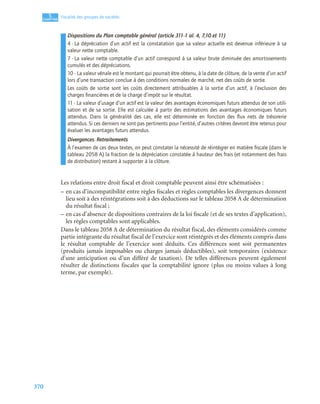 370
5
C
C
C
CH
H
H
HA
A
A
AP
P
P
PI
I
I
IT
T
T
TR
R
R
RE
E
E
E
Fiscalité des groupes de sociétés
Dispositions du Plan comptable général (article 311-1 al. 4, 7,10 et 11)
4 - La dépréciation d’un actif est la constatation que sa valeur actuelle est devenue inférieure à sa
valeur nette comptable.
7 - La valeur nette comptable d’un actif correspond à sa valeur brute diminuée des amortissements
cumulés et des dépréciations.
10 - La valeur vénale est le montant qui pourrait être obtenu, à la date de clôture, de la vente d’un actif
lors d’une transaction conclue à des conditions normales de marché, net des coûts de sortie.
Les coûts de sortie sont les coûts directement attribuables à la sortie d’un actif, à l’exclusion des
charges ﬁnancières et de la charge d’impôt sur le résultat.
11 - La valeur d’usage d’un actif est la valeur des avantages économiques futurs attendus de son utili-
sation et de sa sortie. Elle est calculée à partir des estimations des avantages économiques futurs
attendus. Dans la généralité des cas, elle est déterminée en fonction des ﬂux nets de trésorerie
attendus. Si ces derniers ne sont pas pertinents pour l’entité, d’autres critères devront être retenus pour
évaluer les avantages futurs attendus.
Divergences. Retraitements
À l’examen de ces deux textes, on peut constater la nécessité de réintégrer en matière ﬁscale (dans le
tableau 2058 A) la fraction de la dépréciation constatée à hauteur des frais (et notamment des frais
de distribution) restant à supporter à la clôture.
Les relations entre droit fiscal et droit comptable peuvent ainsi être schématisées :
– en cas d’incompatibilité entre règles fiscales et règles comptables les divergences donnent
lieu soit à des réintégrations soit à des déductions sur le tableau 2058 A de détermination
du résultat fiscal ;
– en cas d’absence de dispositions contraires de la loi fiscale (et de ses textes d’application),
les règles comptables sont applicables.
Dans le tableau 2058 A de détermination du résultat fiscal, des éléments considérés comme
partie intégrante du résultat fiscal de l’exercice sont réintégrés et des éléments compris dans
le résultat comptable de l’exercice sont déduits. Ces différences sont soit permanentes
(produits jamais imposables ou charges jamais déductibles), soit temporaires (existence
d’une anticipation ou d’un différé de taxation). De telles différences peuvent également
résulter de distinctions fiscales que la comptabilité ignore (plus ou moins values à long
terme, par exemple).
 