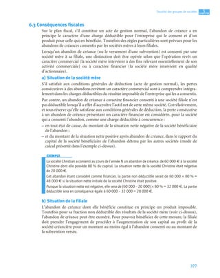 377
5
C
C
C
CH
H
H
HA
A
A
AP
P
P
PI
I
I
IT
T
T
TR
R
R
RE
E
E
E
Fiscalité des groupes de sociétés
6.3 Conséquences fiscales
Sur le plan fiscal, s’il constitue un acte de gestion normal, l’abandon de créance a en
principe le caractère d’une charge déductible pour l’entreprise qui le consent et d’un
produit pour celle qui en bénéficie. Toutefois des règles particulières sont prévues pour les
abandons de créances consentis par les sociétés mères à leurs filiales.
Lorsqu’un abandon de créance (ou le versement d’une subvention) est consenti par une
société mère à sa filiale, une distinction doit être opérée selon que l’opération revêt un
caractère commercial (la société mère intervient à des fins relevant essentiellement de son
activité commerciale) ou à caractère financier (la société mère intervient en qualité
d’actionnaire).
a) Situation de la société mère
S’il satisfait aux conditions générales de déduction (acte de gestion normal), les pertes
consécutives à des abandons revêtant un caractère commercial sont à comprendre intégra-
lement dans les charges déductibles du résultat imposable de l’entreprise qui les a consentis.
Par contre, un abandon de créance à caractère financier consenti à une société filiale n’est
pas déductible lorsqu’il a effet d’accroître l’actif net de cette même société. Corrélativement,
et sous réserve qu’elle satisfasse aux conditions générales de déduction, la perte consécutive
à un abandon de créance présentant un caractère financier est considérée, pour la société
qui a consenti l’abandon, comme une charge déductible à concurrence :
– en tout état de cause, du montant de la situation nette négative de la société bénéficiaire
de l’abandon ;
– et du montant de la situation nette positive après abandon de créance, dans le rapport du
capital de la société bénéficiaire de l’abandon détenu par les autres sociétés (mode de
calcul présenté dans l’exemple ci-dessus).
EXEMPLE
La société Christian a consenti au cours de l’année N un abandon de créance. de 60 000 € à la société
Christine dont elle possède 80 % du capital. La situation nette de la société Christine était négative
de 20 000 €.
Cet abandon étant considéré comme ﬁnancier, la partie non déductible serait de 60 000 × 80 % =
48 000 € si la situation nette initiale de la société Christine était positive.
Puisque la situation nette est négative, elle sera de (60 000 – 20 000) × 80 % = 32 000 €. La partie
déductible sera en conséquence égale à 60 000 – 32 000 = 28 000 €.
b) Situation de la filiale
L’abandon de créance dont elle bénéficie constitue en principe un produit imposable.
Toutefois pour sa fraction non déductible des résultats de la société mère (voir ci-dessus),
l’abandon de créance peut être exonéré. Pour pouvoir bénéficier de cette mesure, la filiale
doit prendre l’engagement de procéder à l’augmentation de son capital au profit de la
société créancière pour un montant au moins égal à l’abandon consenti ou au montant de
la subvention versée.
 