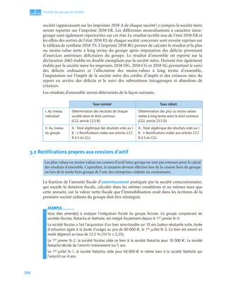 384
5
C
C
C
CH
H
H
HA
A
A
AP
P
P
PI
I
I
IT
T
T
TR
R
R
RE
E
E
E
Fiscalité des groupes de sociétés
société (apparaissant sur les imprimés 2058 A de chaque société) y compris la société mère
seront reportés sur l’imprimé 2058 ER. Les différentes neutralisations à caractère intra-
groupe sont également répertoriées sur cet état. Le résultat rectifié issu de l’état 2058 ER et
les effets des sorties de l’état 2058 ES de chaque société concernée sont ensuite reprises sur
le tableau de synthèse 2058 TS. L’imprimé 2058 RG permet de calculer le résultat et la plus
ou moins-value nette à long terme du groupe après imputation des déficits provenant
d’exercices antérieurs déficitaires du groupe. Le résultat d’ensemble est reporté sur la
déclaration 2065 établie en double exemplaire par la société mère. Doivent être également
établis par la société mère les imprimés 2058 DG, 2058 CG et 2058 SG permettant le suivi
des déficits ordinaires et l’affectation des moins-values à long terme d’ensemble,
l’imputation sur l’impôt de la société mère des crédits d’impôt et des créances nées du
report en arrière des déficits et le suivi des subventions intragroupes et abandons de
créances.
Les résultats d’ensemble seront déterminés de la façon suivante.
3.2 Rectifications propres aux cessions d’actif
La fraction de l’annuité fiscale d’amortissement pratiquée par la société concessionnaire,
qui excède la dotation fiscale, calculée dans les mêmes conditions et au mêmes taux que
cette annuité, sur la valeur nette fiscale que l’immobilisation avait dans les écritures de la
première société cédante du groupe doit être réintégrée.
EXEMPLE
Vous êtes amené(e) à analyser l’intégration ﬁscale du groupe Nicolas. Ce groupe comprenant les
sociétés Nicolas, Natacha et Nathalie, est intégré ﬁscalement depuis le 1er janvier N–4.
La société Nicolas a fait l’acquisition d’un bien amortissable sur 10 ans (valeur résiduelle nulle, durée
d’utilisation égale à la durée d’usage) au prix de 80 000 €, le 1er juillet N–3. Ce bien est amorti en
mode dégressif au taux de 22,5 % (10 % × 2,25).
Le 1er janvier N–2, la société Nicolas cède ce bien à la société Natacha pour 76 000 €. La société
Natacha décide de l’amortir linéairement sur 5 ans.
Le 1er juillet N–1, la société Natacha cède pour 66 000 € le même bien à la société Nathalie qui
l’amortit sur 4 ans.
Taux normal Taux réduit
I. Au niveau
individuel
Détermination des résultats de chaque
société selon le droit commun.
(CGI, article 223 B)
Détermination des plus ou moins values
nettes à long terme selon le droit commun.
(CGI, article 223 D)
II. Au niveau
du groupe
A : Total algébrique des résultats visés au I.
B : ± Rectiﬁcations visées aux articles 223
B à S du CGI.
A : Total algébrique des résultats visés au I.
B : ± Rectiﬁcations visées aux articles 223
B à S du CGI.
Les plus-values ou moins-values sur cession d’actif intra-groupe ne sont pas retenues pour le calcul
des résultats d’ensemble. Cependant, la taxation devient effective lors de la cession hors du groupe
ou lors de la sortie hors groupe de l’une des entreprises cédante ou cessionnaire.
 