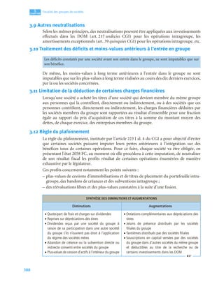 388
5
C
C
C
CH
H
H
HA
A
A
AP
P
P
PI
I
I
IT
T
T
TR
R
R
RE
E
E
E
Fiscalité des groupes de sociétés
3.9 Autres neutralisations
Selon les mêmes principes, des neutralisations peuvent être appliquées aux investissements
effectués dans les DOM (art. 217 undecies CGI) pour les opérations intragroupe, les
amortissements exceptionnels (art. 39 quinquies CGI) pour les opérations intragroupe, etc.
3.10 Traitement des déficits et moins-values antérieurs à l’entrée en groupe
De même, les moins-values à long terme antérieures à l’entrée dans le groupe ne sont
imputables que sur les plus-values à long terme réalisées au cours des dix derniers exercices,
par la ou les sociétés concernées.
3.11 Limitation de la déduction de certaines charges financières
Lorsqu’une société a acheté les titres d’une société qui devient membre du même groupe
aux personnes qui la contrôlent, directement ou indirectement, ou à des sociétés que ces
personnes contrôlent, directement ou indirectement, les charges financières déduites par
les sociétés membres du groupe sont rapportées au résultat d’ensemble pour une fraction
égale au rapport du prix d’acquisit
