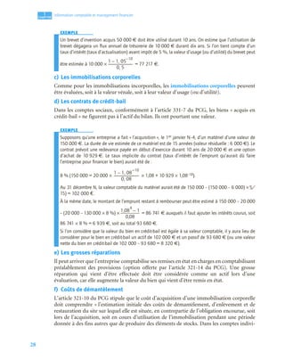 28
1
C
C
C
CH
H
H
HA
A
A
AP
P
P
PI
I
I
IT
T
T
TR
R
R
RE
E
E
E
Information comptable et management ﬁnancier
EXEMPLE
Un brevet d’invention acquis 50 000 € doit être utilisé durant 10 ans. On estime que l’utilisation de
brevet dégagera un ﬂux annuel de trésorerie de 10 000 € durant dix ans. Si l’on tient compte d’un
taux d’intérêt (taux d’actualisation) avant impôt de 5 %, la valeur d’usage (ou d’utilité) du brevet peut
être estimée à 10 000 × = 77 217 €.
c) Les immobilisations corporelles
Comme pour les immobilisations incorporelles, les immobilisations corporelles peuvent
être évaluées, soit à la valeur vénale, soit à leur valeur d’usage (ou d’utilité).
d) Les contrats de crédit-bail
Dans les comptes sociaux, conformément à l’article 331-7 du PCG, les biens « acquis en
crédit-bail » ne figurent pas à l’actif du bilan. Ils ont pourtant une valeur.
EXEMPLE
Supposons qu’une entreprise a fait « l’acquisition », le 1er janvier N–4, d’un matériel d’une valeur de
150 000 €. La durée de vie estimée de ce matériel est de 15 années (valeur résiduelle : 6 000 €). Le
contrat prévoit une redevance payée en début d’exercice durant 10 ans de 20 000 € et une option
d’achat de 10 929 €. Le taux implicite du contrat (taux d’intérêt de l’emprunt qu’aurait dû faire
l’entreprise pour ﬁnancer le bien) aurait été de :
8 % (150 000 = 20 000 × × 1,08 + 10 929 × 1,08–10).
Au 31 décembre N, la valeur comptable du matériel aurait été de 150 000 – (150 000 – 6 000) ×5/
15) = 102 000 €.
À la même date, le montant de l’emprunt restant à rembourser peut être estimé à 150 000 – 20 000
– (20 000 – 130 000 × 8 %) × = 86 741 € auxquels il faut ajouter les intérêts courus, soit
86 741 × 8 % = 6 939 €, soit au total 93 680 €.
Si l’on considère que la valeur du bien en crédit-bail est égale à sa valeur comptable, il y aura lieu de
considérer pour le bien en crédit-bail un actif de 102 000 € et un passif de 93 680 € (ou une valeur
nette du bien en crédit-bail de 102 000 – 93 680 = 8 320 €).
e) Les grosses réparations
Il peut arriver que l’entreprise comptabilise ses remises en état en charges en comptabilisant
préalablement des provisions (option offerte par l’article 321-14 du PCG). Une grosse
réparation qui vient d’être effectuée doit être considérée comme un actif lors d’une
évaluation, car elle augmente la valeur du bien qui vient d’être remis en état.
f) Coûts de démantèlement
L’article 321-10 du PCG stipule que le coût d’acquisition d’une immobilisation corporelle
doit comprendre « l’estimation initiale des coûts de démantèlement, d’enlèvement et de
restauration du site sur lequel elle est située, en contrepartie de l’obligation encourue, soit
lors de l’acquisition, soit en cours d’utilisation de l’immobilisation pendant une période
donnée à des fins autres que de produire des éléments de stocks. Dans les comptes indivi-
1 1 05
,
10
–
–
0 5
,
-------------------------------------------------------
1 1 08
,
10
–
–
0 08
,
--------------------------------------------------------
1,08
4
1
–
0,08
−
−
−
−
−
−
−
−
−
−
−
−
−
 