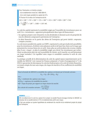 36
1
C
C
C
CH
H
H
HA
A
A
AP
P
P
PI
I
I
IT
T
T
TR
R
R
RE
E
E
E
Information comptable et management ﬁnancier
Pour l’évaluation, on tiendra compte :
– d’un endettement initial de 2 000 000 € ;
– d’un coût moyen pondéré du capital de 8 %.
À l’horizon N la valeur de l’entreprise est de :
542 × 1,08–1 + 747 × 1,08–2 + 725 × 1,08–3 + 223 × 1,08–4 + 699 × 1,08–5 + 550
× × = 2 871 k€.
Le coût du capital représente la rentabilité exigée par l’ensemble des investisseurs pour un
actif. Ces « investisseurs » apportent principalement deux types de financement :
– les capitaux propres sont rémunérés via des dividendes et donnent accès à la propriété de
tous les éléments composant le patrimoine de l’entreprise ;
– la dette financière est la partie des dettes de l’entreprise qui porte intérêt : emprunts,
comptes courants…
Le coût moyen pondéré du capital, ou CMPC, représente le coût qui résulte de la possibilité,
pour les investisseurs, d’arbitrer entre plusieurs actifs et de baser leur choix sur le risque que
présentent les revenus futurs de cet actif. Ainsi, plus un actif produira des revenus volatils,
plus il sera « risqué » et plus la rentabilité exigée sera élevée (les investisseurs qui recher-
chent un placement plus sûr ont la possibilité de choisir, sur le marché, un actif présentant
un risque moindre). Cet équilibre entre risque et rentabilité constitue le socle de cette
méthode.
La pratique actuelle de la détermination du coût du capital repose majoritairement sur le
modèle du MEDAF (voir manuel de Finance préparant à l’unité d’enseignement n° 2 du
DSCG) qui permet de décomposer le coût des fonds propres et le coût de la dette financière,
en tenant compte du taux sans risque, du risque de marché et d’un coefficient de sensibilité
au risque.
EXEMPLE
Aﬁn de déterminer le coût du capital d’un projet, la société Pascal envisage d’utiliser le MEDAF. Le
directeur de la société estime à 4 % le rendement des actifs sans risque.
Il fait une analyse sur quatre hypothèses du rendement du marché et du rendement propre du projet
de l’entreprise.
Dans la formule du MEDAF, la rentabilité des capitaux est donnée par la formule suivante :
R(I) = RB + β × [E(RM – RB]
avec :
• RB = rendement des capitaux sans risque ;
• E(RM) = espérance de rentabilité du marché ;
• β = risque du projet, par rapport au risque moyen du marché.
β se calcule de la manière suivante :
1 1,08 10
–
–
0,08
------------------------
- 1,08 5
–
2 000
–
cov RiRM
( )
var RM
( )
-------------------------
-
 