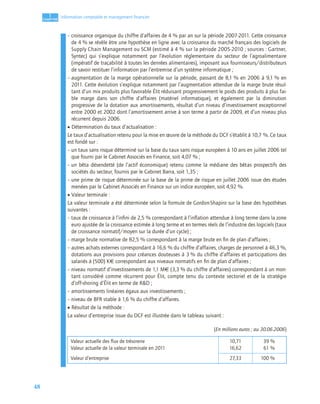 48
1
C
C
C
CH
H
H
HA
A
A
AP
P
P
PI
I
I
IT
T
T
TR
R
R
RE
E
E
E
Information comptable et management ﬁnancier
– croissance organique du chiffre d’affaires de 4 % par an sur la période 2007-2011. Cette croissance
de 4 % se révèle être une hypothèse en ligne avec la croissance du marché français des logiciels de
Supply Chain Management ou SCM (estimé à 4 % sur la période 2005-2010 ; sources : Gartner,
Syntec) qui s’explique notamment par l’évolution réglementaire du secteur de l’agroalimentaire
(impératif de traçabilité à toutes les denrées alimentaires), imposant aux fournisseurs/distributeurs
de savoir restituer l’information par l’entremise d’un système informatique ;
– augmentation de la marge opérationnelle sur la période, passant de 8,1 % en 2006 à 9,1 % en
2011. Cette évolution s’explique notamment par l’augmentation attendue de la marge brute résul-
tant d’un mix produits plus favorable Élit réduisant progressivement le poids des produits à plus fai-
ble marge dans son chiffre d’affaires (matériel informatique), et également par la diminution
progressive de la dotation aux amortissements, résultat d’un niveau d’investissement exceptionnel
entre 2000 et 2002 dont l’amortissement arrive à son terme à partir de 2009, et d’un niveau plus
récurrent depuis 2006.
• Détermination du taux d’actualisation :
Le taux d’actualisation retenu pour la mise en œuvre de la méthode du DCF s’établit à 10,7 %. Ce taux
est fondé sur :
– un taux sans risque déterminé sur la base du taux sans risque européen à 10 ans en juillet 2006 tel
que fourni par le Cabinet Associés en Finance, soit 4,07 % ;
– un bêta désendetté (de l’actif économique) retenu comme la médiane des bêtas prospectifs des
sociétés du secteur, fournis par le Cabinet Barra, soit 1,35 ;
– une prime de risque déterminée sur la base de la prime de risque en juillet 2006 issue des études
menées par le Cabinet Associés en Finance sur un indice européen, soit 4,92 %.
• Valeur terminale :
La valeur terminale a été déterminée selon la formule de Gordon-Shapiro sur la base des hypothèses
suivantes :
– taux de croissance à l’inﬁni de 2,5 % correspondant à l’inﬂation attendue à long terme dans la zone
euro ajustée de la croissance estimée à long terme et en termes réels de l’industrie des logiciels (taux
de croissance normatif/moyen sur la durée d’un cycle) ;
– marge brute normative de 82,5 % correspondant à la marge brute en ﬁn de plan d’affaires ;
– autres achats externes correspondant à 16,6 % du chiffre d’affaires, charges de personnel à 46,3 %,
dotations aux provisions pour créances douteuses à 3 % du chiffre d’affaires et participations des
salariés à (500) K€ correspondant aux niveaux normatifs en ﬁn de plan d’affaires ;
– niveau normatif d’investissements de 1,1 M€ (3,3 % du chiffre d’affaires) correspondant à un mon-
tant considéré comme récurrent pour Élit, compte tenu du contexte sectoriel et de la stratégie
d’off-shoring d’Élit en terme de R&D ;
– amortissements linéaires égaux aux investissements ;
– niveau de BFR stable à 1,6 % du chiffre d’affaires.
• Résultat de la méthode :
La valeur d’entreprise issue du DCF est illustrée dans le tableau suivant :
(En millions euros ; au 30.06.2006)
Valeur actuelle des ﬂux de trésorerie
Valeur actuelle de la valeur terminale en 2011
10,71
16,62
39 %
61 %
Valeur d’entreprise 27,33 100 %
 
