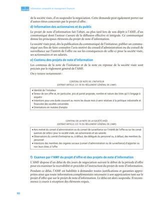 80
1
C
C
C
CH
H
H
HA
A
A
AP
P
P
PI
I
I
IT
T
T
TR
R
R
RE
E
E
E
Information comptable et management ﬁnancier
de la société visée, d’en suspendre la négociation. Cette demande peut également porter sur
d’autres titres concernés par le projet d’offre.
d) Information des actionnaires et du public
Le projet de note d’information fait l’objet, au plus tard lors de son dépôt à l’AMF, d’un
communiqué dont l’auteur s’assure de la diffusion effective et intégrale. Ce communiqué
donne les principaux éléments du projet de note d’information.
La société visée peut, dès la publication du communiqué de l’initiateur, publier un commu-
niqué aux fins de faire connaître l’avis motivé du conseil d’administration ou du conseil de
surveillance sur l’intérêt de l’offre ou sur les conséquences de celle-ci pour la société visée,
ses actionnaires et ses salariés.
e) Contenu des projets de note d’information
Les contenus de la note de l’initiateur et de la note en réponse de la société visée sont
précisés par le règlement général de l’AMF.
On y trouve notamment :
CONTENU DE NOTE DE L’INITIATEUR
(EXTRAIT ARTICLE 231-18 DU RÈGLEMENT GÉNÉRAL DE L’AMF)
CONTENU DE LA NOTE DE LA SOCIÉTÉ VISÉE
(EXTRAIT ARTICLE 231-19 DU RÈGLEMENT GÉNÉRAL DE L’AMF)
f) Examen par l’AMF du projet d’offre et des projets de note d’information
L’AMF dispose d’un délai de dix jours de négociation suivant le début de la période d’offre
pour en examiner la recevabilité et procéder à l’instruction du projet de note d’information.
Pendant ce délai, l’AMF est habilitée à demander toutes justifications et garanties appro-
priées ainsi que toute information complémentaire nécessaire à son appréciation tant sur le
projet d’offre que sur le projet de note d’information. Le délai est alors suspendu. Il recom-
mence à courir à réception des éléments requis.
• Identité de l’initiateur
• Teneur de son offre et, en particulier, prix et parité proposée, nombre et nature des titres qu’il s’engage à
acquérir
• Intentions pour une durée couvrant au moins les douze mois à venir relatives à la politique industrielle et
ﬁnancière des sociétés concernées
• Orientations en matière d’emploi
• Avis motivé du conseil d’administration ou du conseil de surveillance sur l’intérêt de l’offre ou sur les consé-
quences de celle-ci pour la société visée, ses actionnaires et ses salariés
• Observations du comité d’entreprise ou, à défaut, des délégués du personnel ou, à défaut, des membres du
personnel
• Intentions des membres des organes sociaux (conseil d’administration ou de surveillance) d’apporter ou
non leurs titres à l’offre
 