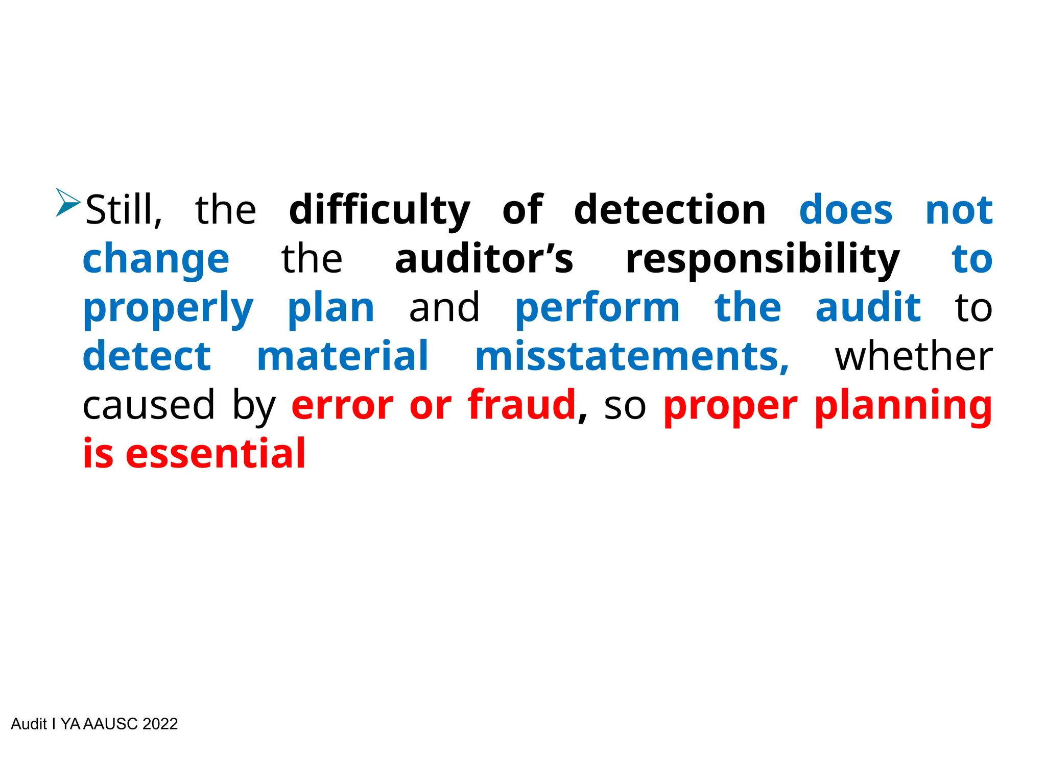 Audit I YA AAUSC 2022
Still, the difficulty of detection does not
change the auditor’s responsibility to
properly plan and perform the audit to
detect material misstatements, whether
caused by error or fraud, so proper planning
is essential
 