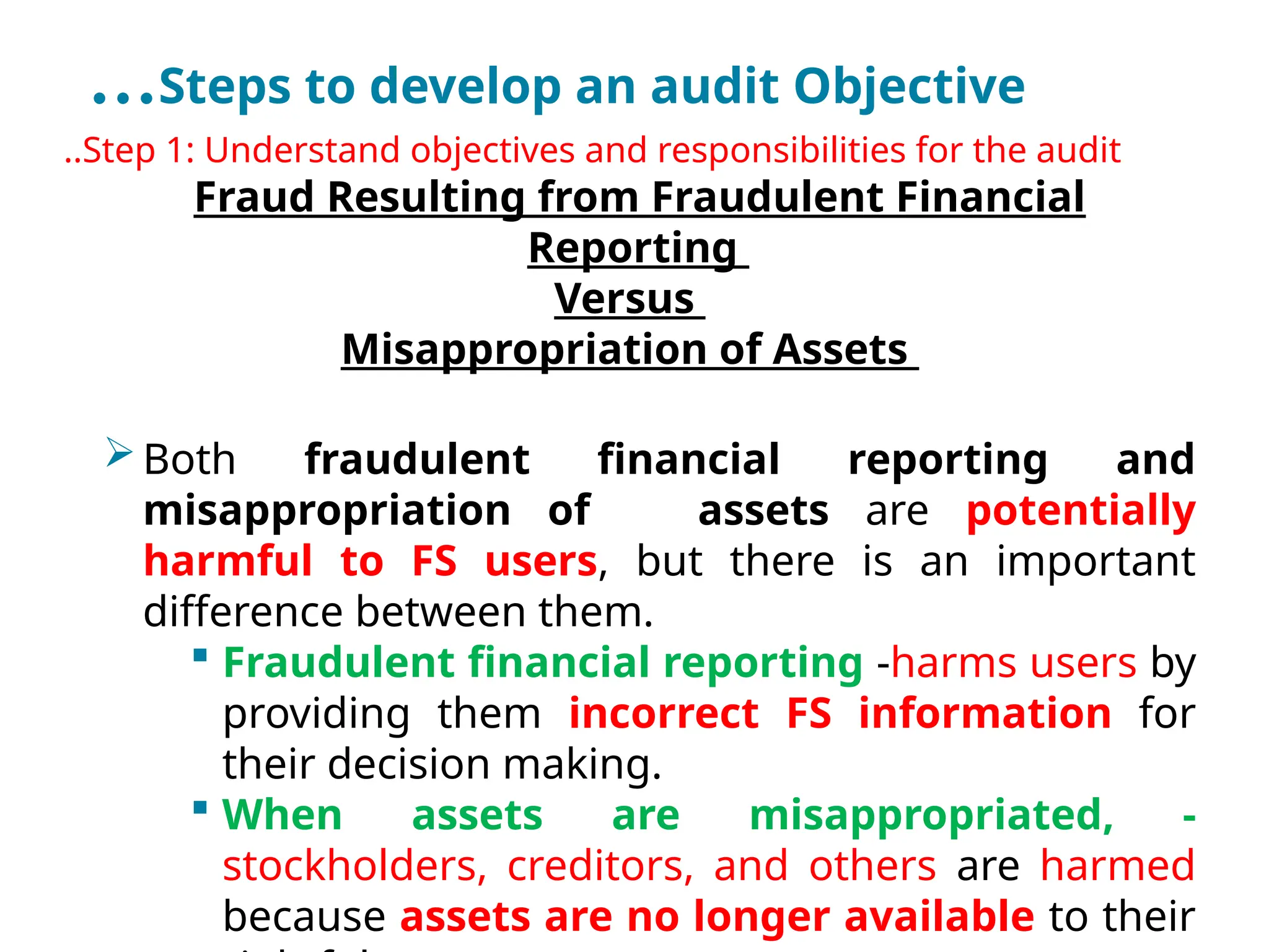 …Steps to develop an audit Objective
..Step 1: Understand objectives and responsibilities for the audit
Fraud Resulting from Fraudulent Financial
Reporting
Versus
Misappropriation of Assets
Both fraudulent financial reporting and
misappropriation of assets are potentially
harmful to FS users, but there is an important
difference between them.
 Fraudulent financial reporting -harms users by
providing them incorrect FS information for
their decision making.
 When assets are misappropriated, -
stockholders, creditors, and others are harmed
because assets are no longer available to their
 
