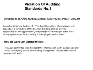 Violation Of Auditing
Standards No.1
Paragraph 56 of PCAOB Auditing Standards Number 12 or Sarbanes–Oxley Act
According to Sarbox Sextion 13, “The Audit Committee of each issuer, in its
capacity as a committee of the board of directors, shall be directly
responsible for the appointment, compensation and oversight of the work
of any registered public accounting firm employed by that issuer”
How did WorldCom violated the rule :
The Audit committee didn’t support the internal audit staff’s budget. Denial of
access to company records and allowing management to dictate the internal
control staff world.
 