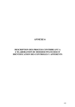 152
ANNEXE 6
DESCRIPTION DES PROCESS CONTRIBUANT A
L’ELABORATION DU DOSSIER FINANCIER ET
IDENTIFICATION DES CONTROLES Y AFFERENTS
 