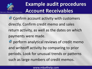Example audit procedures
Account Receivables
Confirm account activity with customers
directly. Confirm credit memo and sales
return activity, as well as the dates on which
payments were made.
perform analytical reviews of credit memo
and writeoff activity by comparing to prior
periods. Look for unusual trends or patterns
such as large numbers of credit memos.
www.mba4help.com

 