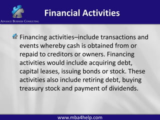 Financial Activities
Financing activities–include transactions and
events whereby cash is obtained from or
repaid to creditors or owners. Financing
activities would include acquiring debt,
capital leases, issuing bonds or stock. These
activities also include retiring debt, buying
treasury stock and payment of dividends.

www.mba4help.com

 
