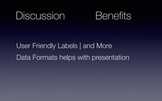 User Friendly Labels | and More
Data Formats helps with presentation
BeneﬁtsDiscussion
 