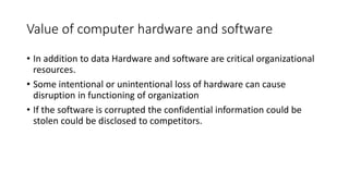 Value of computer hardware and software
• In addition to data Hardware and software are critical organizational
resources.
• Some intentional or unintentional loss of hardware can cause
disruption in functioning of organization
• If the software is corrupted the confidential information could be
stolen could be disclosed to competitors.
 