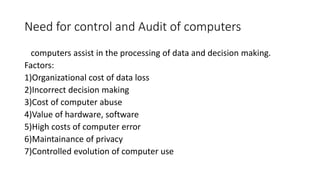Need for control and Audit of computers
computers assist in the processing of data and decision making.
Factors:
1)Organizational cost of data loss
2)Incorrect decision making
3)Cost of computer abuse
4)Value of hardware, software
5)High costs of computer error
6)Maintainance of privacy
7)Controlled evolution of computer use
 