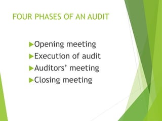 FOUR PHASES OF AN AUDIT
Opening meeting
Execution of audit
Auditors’ meeting
Closing meeting
 