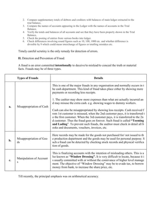 2. Compare supplementary totals of debtors and creditors with balances of main ledger extracted to the
trial balance,
3. Compare the names of accounts appearing in the Ledger with the names of accounts in the Trial
Balance,
4. Verify the totals and balances of all accounts and see that they have been properly shown in the Trial
Balance,
5. Check the posting of entries from various books into ledger.
6. Check differences involving round figures such as 10, 100, 1000 etc. and whether difference is
divisible by 9 which could mean interchange of figures or totalling mistakes etc.
Timely careful scrutiny is the only remedy for detection of errors.
II. Detection and Prevention of Fraud:
A fraud is an error committed intentionally to deceive/to mislead/to conceal the truth or material
facts. Frauds may be of three types.
Types of Frauds Details
a. Misappropriation of Cash
This is one of the major frauds in any organisation and normally occurs in t
he cash department. This kind of fraud takes place either by showing more
payments or recording less receipts.
1. The cashier may show more expenses than what are actually incurred an
d may misuse the extra cash. e.g. showing wages to dummy workers.
Cash can also be misappropriated by showing less receipts. Cash received f
rom 1st customer is misused, when the 2nd customer pays, it is transferred t
o the first customer. When the 3rd customer pays, it is transferred to the 2n
d customer. Thus the fraud goes on forever. Such fraud is called “Teeming
and Lading”. To prevent such frauds, the auditor must check in detail all b
ooks and documents, vouchers, invoices, etc.
b.
Misappropriation of Goo
ds
Here records may be made for the goods not purchased for/ not issued to th
e production department and the goods may be used for personal purpose. S
uch a fraud can be detected by checking stock records and physical verifica
tion of goods.
c.
Manipulation of Account
s
This is finalizing accounts with the intention of misleading others. This is a
lso known as “Window Dressing”. It is very difficult to locate, because it i
s usually committed with or without the connivance of higher level manage
ment. The objective of “Window Dressing” may be to evade tax, to borrow
money from bank, to increase the share price, etc.
Till recently, the principal emphasis was on arithmetical accuracy.
 