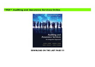 DOWNLOAD ON THE LAST PAGE !!!!
^PDF^ Auditing and Assurance Services File Comprehensive and up-to-date, including discussion of new standards, codes, and concepts, Auditing and Assurance Services: An Integrated Approach presents an integrated concepts approach to auditing that details the process from start to finish. Based on the author's belief that the fundamental concepts of auditing center on the nature and amount of evidence that auditors should gather in specific engagements, this edition's primary objective is to illustrate auditing concepts using practical examples and real-world settings. The Sixteenth Edition remains up-to-date with examples of key real-world audit decisions and an emphasis on audit planning, risk assessment processes, and collecting and evaluating evidence in response to risks. KEY TOPICS: The Demand for Audit and Other Assurance Services; The CPA Profession; Audit reports; Professional Ethics; Legal Liability; Audit Responsibilities and Objectives; Audit Evidence; Audit Planning and Analytical Procedures; Materiality and Risk; Internal Control, Control Risk, and Section 404 Audits; Fraud Auditing; The Impact of Information Technology on the Audit Process; Overall Audit Strategy and Audit Program; Audit of the Sales and Collection Cycle: Tests of Controls and Substantive Tests of Transactions; Audit Sampling for Tests of Controls and Substantive Tests of Transactions; Completing the Tests in the Sales and Collection Cycle: Accounts Receivable; Audit Sampling for Tests of details of Balances; Audit of the Acquisition and Payment Cycle: Tests of Controls, Substantive Tests of Transactions, and Accounts Payable; Completing the Tests in the Acquisition and Payment Cycle: Verification of Selected Accounts; Audit of the Payroll and Personnel Cycle; Audit of the Inventory and Warehousing Cycle; Audit of the Capital Acquisition and Repayment; Audit of Cash and Financial Instruments; Completing the Audit; Other Assurance Services; Internal and Governmental Financial Auditing and Operations
Auditing MARKET: For anyone interested in accounting.
^PDF^ Auditing and Assurance Services Online
 