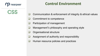  Communication & enforcement of integrity & ethical values
 Commitment to competence
 Participation of management
 Management‟s philosophy and operating style
 Organisational structure
 Assignment of authority and responsibility
 Human resource policies and practices
Control Environment
 