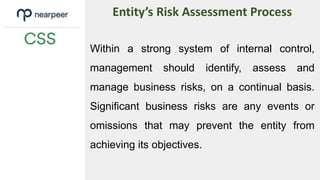 Within a strong system of internal control,
management should identify, assess and
manage business risks, on a continual basis.
Significant business risks are any events or
omissions that may prevent the entity from
achieving its objectives.
Entity’s Risk Assessment Process
 