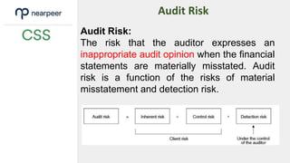 Audit Risk:
The risk that the auditor expresses an
inappropriate audit opinion when the financial
statements are materially misstated. Audit
risk is a function of the risks of material
misstatement and detection risk.
Audit Risk
 