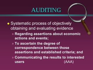 AUDITING
l

Systematic process of objectively
obtaining and evaluating evidence
» Regarding assertions about economic
actions and events;
» To ascertain the degree of
correspondence between those
assertions and established criteria; and
» Communicating the results to interested
users
(AAA)

 
