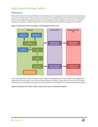 Audit Report Writing Toolkit
6 — theiia.org
Observations
Observations (also referred to as findings), recommendations, and management’s action plans (responses) make up
the core of a written report. These components enhance communication between internal audit and stakeholders,
and are linked together as illustrated in Figure 2. The starting point used to develop the observation is “condition.”
The goal is to develop a condition-based and a root cause-based recommendation/management action plan.
Figure 2. Observation, Recommendation, and Management Action Plan
Root cause-based action plans are ideal, as they mitigate the underlying cause of the condition that triggered the
observation. Internal auditors must understand the meaning of condition, cause, and root cause, as well as related
effects and recommendations to develop root cause-based recommendations. This concept is illustrated in Figure 3.
Figure 3. Examples of Condition, Effect, Cause, Root Cause, and Recommendation
Recommendation Management Action
Plan
Observation
 