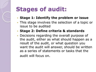 Stages of audit:
 Stage 1: Identify the problem or issue
 This stage involves the selection of a topic or
issue to be audited
 Stage 2: Define criteria & standards
 Decisions regarding the overall purpose of
the audit, either as what should happen as a
result of the audit, or what question you
want the audit will answer, should be written
as a series of statements or tasks that the
audit will focus on.
 