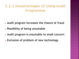  Audit program increases the chance of fraud
 Possibility of being unsuitable
 Audit program is unsuitable to small concern
 Exclusion of problem of new technology
 