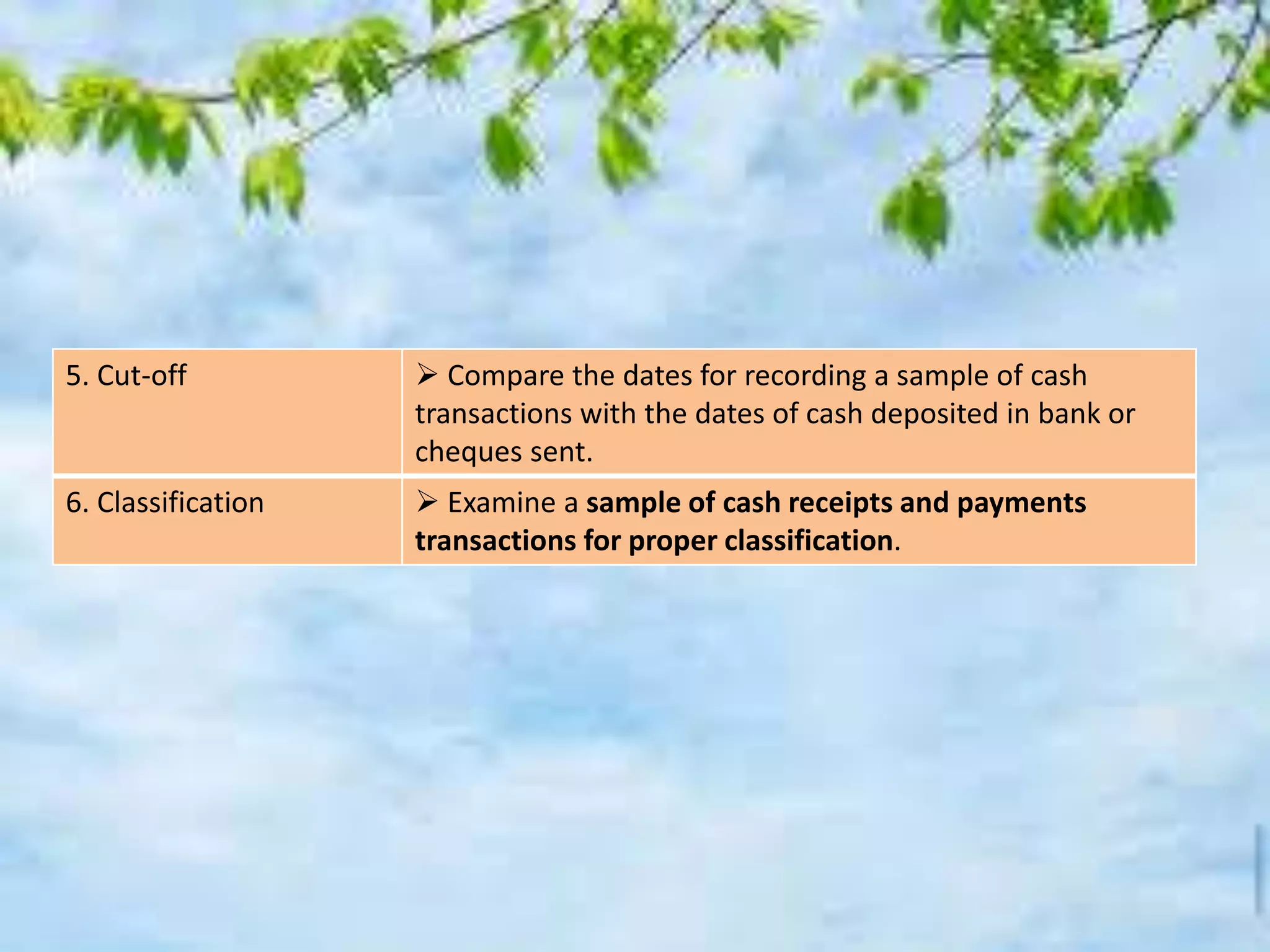 5. Cut-off  Compare the dates for recording a sample of cash 
transactions with the dates of cash deposited in bank or 
cheques sent. 
6. Classification  Examine a sample of cash receipts and payments 
transactions for proper classification. 
 