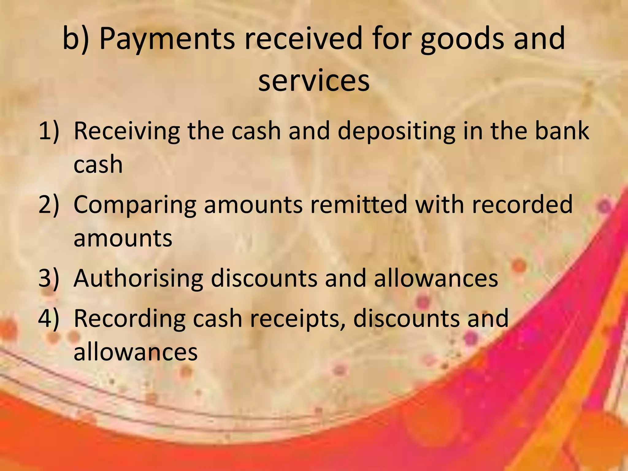 b) Payments received for goods and 
services 
1) Receiving the cash and depositing in the bank 
cash 
2) Comparing amounts remitted with recorded 
amounts 
3) Authorising discounts and allowances 
4) Recording cash receipts, discounts and 
allowances 
 