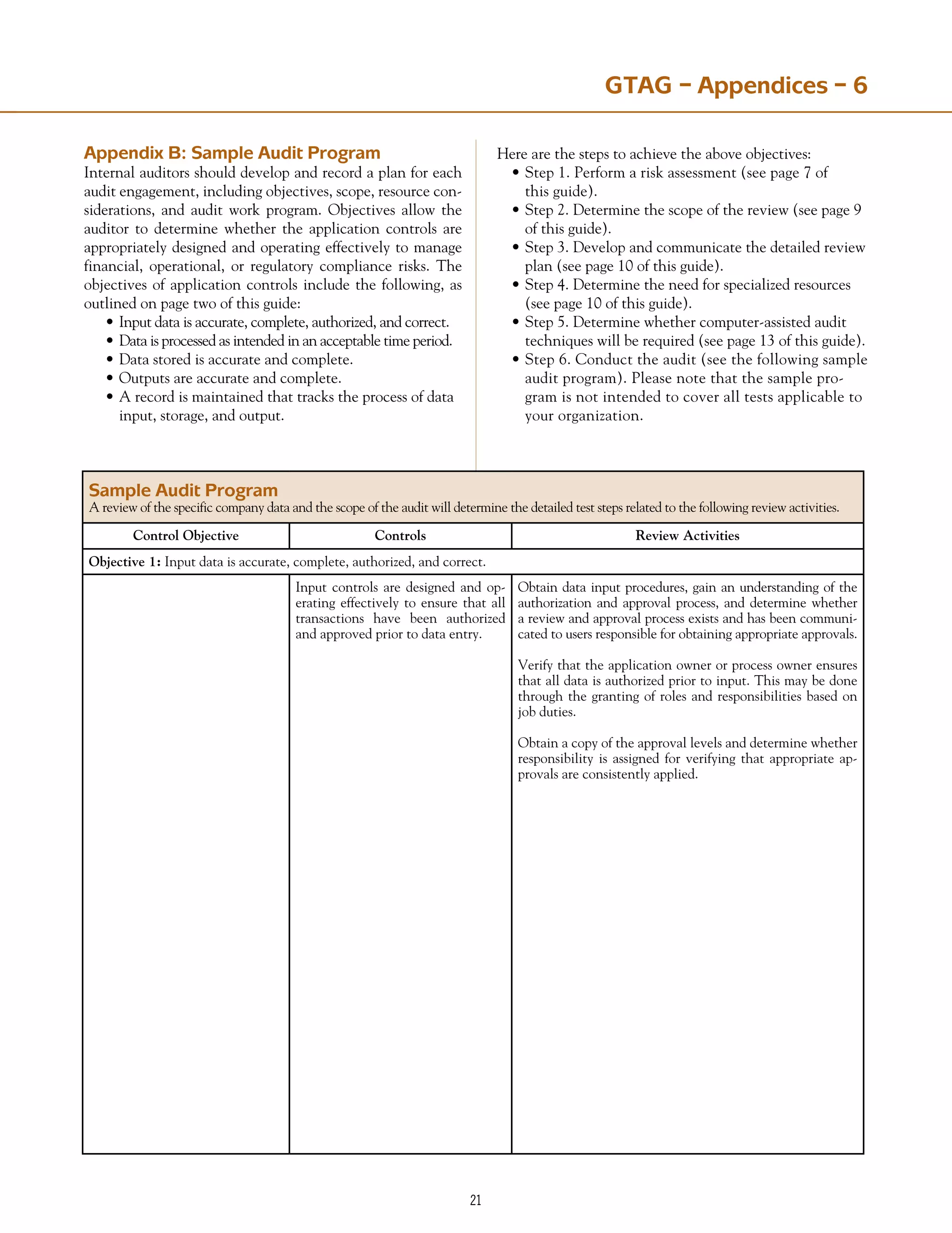 21
Sample Audit Program
A review of the specific company data and the scope of the audit will determine the detailed test steps related to the following review activities.
Control Objective Controls Review Activities
Objective 1: Input data is accurate, complete, authorized, and correct.
Input controls are designed and op-
erating effectively to ensure that all
transactions have been authorized
and approved prior to data entry.
Obtain data input procedures, gain an understanding of the
authorization and approval process, and determine whether
a review and approval process exists and has been communi-
cated to users responsible for obtaining appropriate approvals.
Verify that the application owner or process owner ensures
that all data is authorized prior to input. This may be done
through the granting of roles and responsibilities based on
job duties.
Obtain a copy of the approval levels and determine whether
responsibility is assigned for verifying that appropriate ap-
provals are consistently applied.
Appendix B: Sample Audit Program
Internal auditors should develop and record a plan for each
audit engagement, including objectives, scope, resource con-
siderations, and audit work program. Objectives allow the
auditor to determine whether the application controls are
appropriately designed and operating effectively to manage
financial, operational, or regulatory compliance risks. The
objectives of application controls include the following, as
outlined on page two of this guide:
Input data is accurate, complete, authorized, and correct.
Data is processed as intended in an acceptable time period.
Data stored is accurate and complete.
Outputs are accurate and complete.
A record is maintained that tracks the process of data
input, storage, and output.
•
•
•
•
•
Here are the steps to achieve the above objectives:
Step 1. Perform a risk assessment (see page 7 of
this guide).
Step 2. Determine the scope of the review (see page 9
of this guide).
Step 3. Develop and communicate the detailed review
plan (see page 10 of this guide).
Step 4. Determine the need for specialized resources
(see page 10 of this guide).
Step 5. Determine whether computer-assisted audit
techniques will be required (see page 13 of this guide).
Step 6. Conduct the audit (see the following sample
audit program). Please note that the sample pro-
gram is not intended to cover all tests applicable to
your organization.
•
•
•
•
•
•
GTAG – Appendices – 6
 