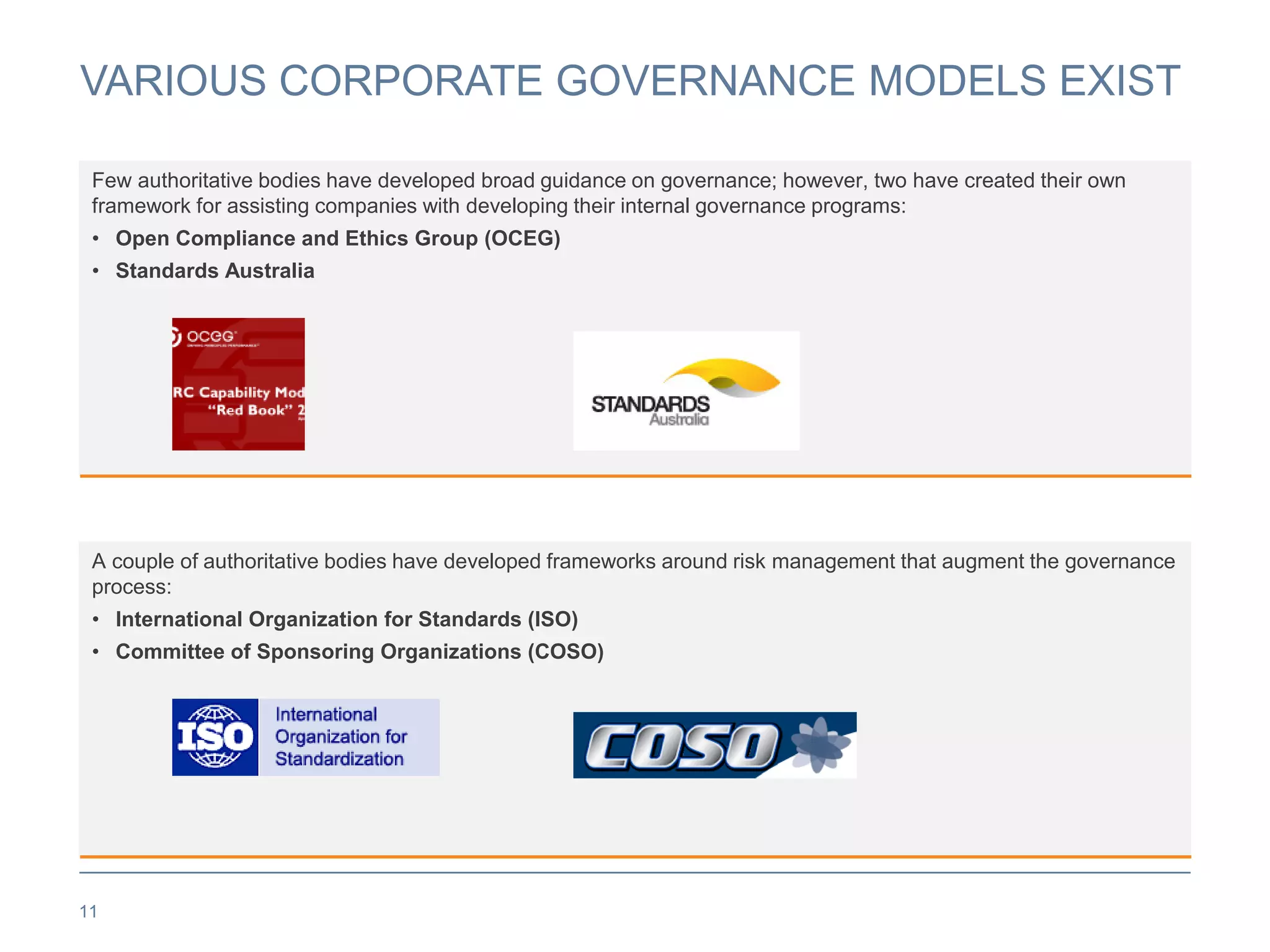 Few authoritative bodies have developed broad guidance on governance; however, two have created their own
framework for assisting companies with developing their internal governance programs:
• Open Compliance and Ethics Group (OCEG)
• Standards Australia
VARIOUS CORPORATE GOVERNANCE MODELS EXIST
11
A couple of authoritative bodies have developed frameworks around risk management that augment the governance
process:
• International Organization for Standards (ISO)
• Committee of Sponsoring Organizations (COSO)
 