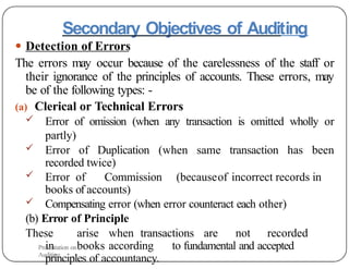 Secondary Objectives of Auditing
● Detection of Errors
The errors may occur because of the carelessness of the staff or
their ignorance of the principles of accounts. These errors, may
be of the following types: -
(a) Clerical or Technical Errors
 Error of omission (when any transaction is omitted wholly or
partly)
 Error of Duplication (when same transaction has been
recorded twice)
 Error of Commission (becauseof incorrect records in
books of accounts)
 Compensating error (when error counteract each other)
(b) Error of Principle
These arise when transactions are not recorded
in books according to fundamental and accepted
principles of accountancy.
Presentation on
Auditing
 