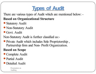 Types of Audit
There are various types of Audit which are mentioned below: -
Based on Organizational Structure
● Statutory Audit
● Non-Statutory Audit
● Govt. Audit
Non-Statutory Audit is further classified as:-
● Private Audit which includes Sole Proprietorship ,
Partnership firm and Non- Profit Organization.
Based on Scope
● Complete Audit
● Partial Audit
● Detailed Audit
Presentation on
Auditing
 