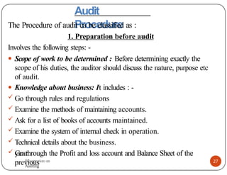 Audit
Procedure
The Procedure of audit ca be classified as :
1. Preparation before audit
Involves the following steps: -
● Scope of work to be determined : Before determining exactly the
scope of his duties, the auditor should discuss the nature, purpose etc
of audit.
● Knowledge about business: It includes : -
 Go through rules and regulations
 Examine the methods of maintaining accounts.
 Ask for a list of books of accounts maintained.
 Examine the system of internal check in operation.
 Technical details about the business.
 Go through the Profit and loss account and Balance Sheet of the
previous
year.
Presentation on
Auditing
27
Presentation on
Auditing
 