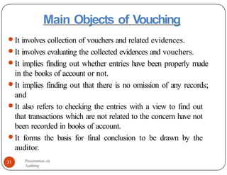 Main Objects of Vouching
● It involves collection of vouchers and related evidences.
● It involves evaluating the collected evidences and vouchers.
● It implies finding out whether entries have been properly made
in the books of account or not.
● It implies finding out that there is no omission of any records;
and
● It also refers to checking the entries with a view to find out
that transactions which are not related to the concern have not
been recorded in books of account.
● It forms the basis for final conclusion to be drawn by the
auditor.
Presentation on
Auditing
31
 