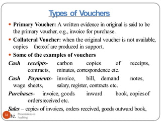 Types of Vouchers
● Primary Voucher: A written evidence in original is said to be
the primary voucher, e.g., invoice for purchase.
● Collateral Voucher: when the original voucher is not available,
copies thereof are produced in support.
● Some of the examples of vouchers
Cash receipts- carbon copies of receipts,
contracts, minutes, correspondence etc.
Cash Payments- invoice, bill, demand notes,
wage sheets, salary, register, contracts etc.
Purchases- invoice, goods inward book, copiesof
ordersreceived etc.
Sales – copies of invoices, orders received, goods outward book,
etc. Presentation on
Auditing
32
 