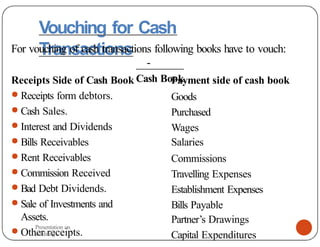 Vouching for Cash
Transactions
For vouching of cash transactions following books have to vouch:
-
Cash Book
Receipts Side of Cash Book
● Receipts form debtors.
● Cash Sales.
● Interest and Dividends
● Bills Receivables
● Rent Receivables
● Commission Received
● Bad Debt Dividends.
● Sale of Investments and
Assets.
● Other receipts.
Payment side of cash book
Goods
Purchased
Wages
Salaries
Commissions
Travelling Expenses
Establishment Expenses
Bills Payable
Partner’s Drawings
Capital Expenditures
Presentation on
Auditing
 