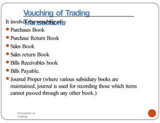 Vouching of Trading
Transactions
It involves the vouching of: -
● Purchases Book
● Purchase Return Book
● Sales Book
● Sales return Book
● Bills Receivables book
● Bills Payable.
● Journal Proper (where various subsidiary books are
maintained, journal is used for recording those which items
cannot passed through any other book.)
Presentation on
Auditing
 
