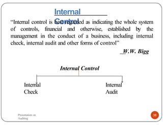 Internal
Control
“Internal control is best regarded as indicating the whole system
of controls, financial and otherwise, established by the
management in the conduct of a business, including internal
check, internal audit and other forms of control”
W.W. Bigg
Internal Control
Internal
Check
Internal
Audit
Presentation on
Auditing
38
 