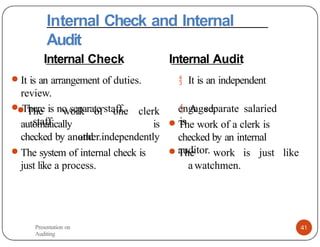 Internal Check and Internal
Audit
Internal Check Internal Audit
● It is an arrangement of duties.  It is an independent
review.
● There is no separate staff.  A separate salaried
staff is
automatically
● The work of one clerk
is
and independently
checked by another.
● The system of internal check is
just like a process.
engaged.
● The work of a clerk is
checked by an internal
auditor.
● The work is just like
a watchmen.
Presentation on
Auditing
41
 