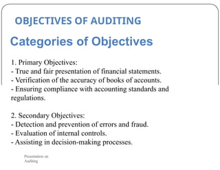 Categories of Objectives
1. Primary Objectives:
- True and fair presentation of financial statements.
- Verification of the accuracy of books of accounts.
- Ensuring compliance with accounting standards and
regulations.
2. Secondary Objectives:
- Detection and prevention of errors and fraud.
- Evaluation of internal controls.
- Assisting in decision-making processes.
OBJECTIVES OF AUDITING
Presentation on
Auditing
 