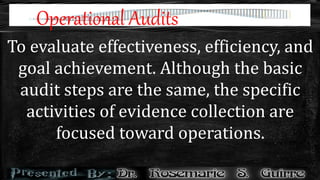 Operational Audits
To evaluate effectiveness, efficiency, and
goal achievement. Although the basic
audit steps are the same, the specific
activities of evidence collection are
focused toward operations.
 
