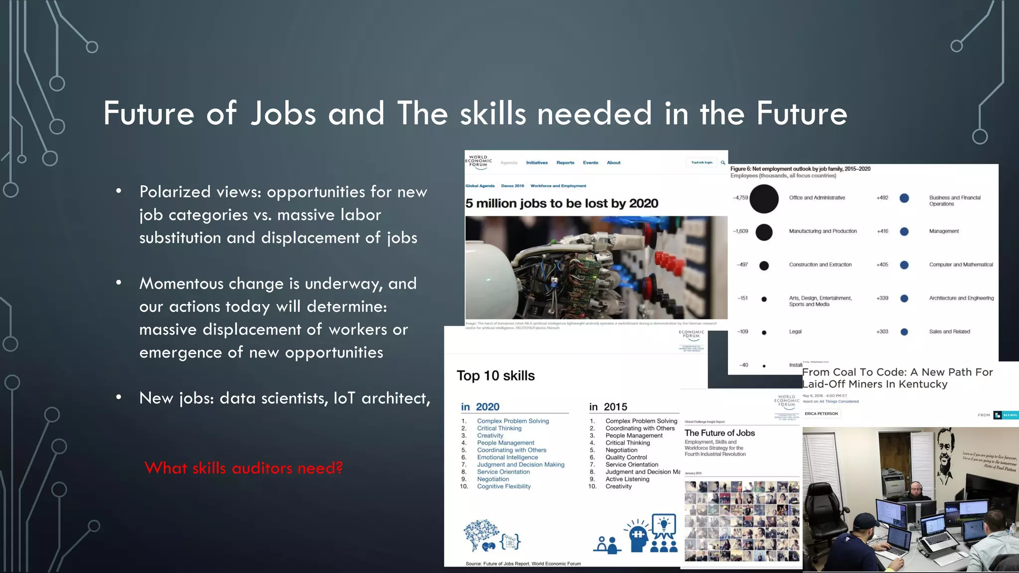 Future of Jobs and The skills needed in the Future
• Polarized views: opportunities for new
job categories vs. massive labor
substitution and displacement of jobs
• Momentous change is underway, and
our actions today will determine:
massive displacement of workers or
emergence of new opportunities
• New jobs: data scientists, IoT architect,
What skills auditors need?
 