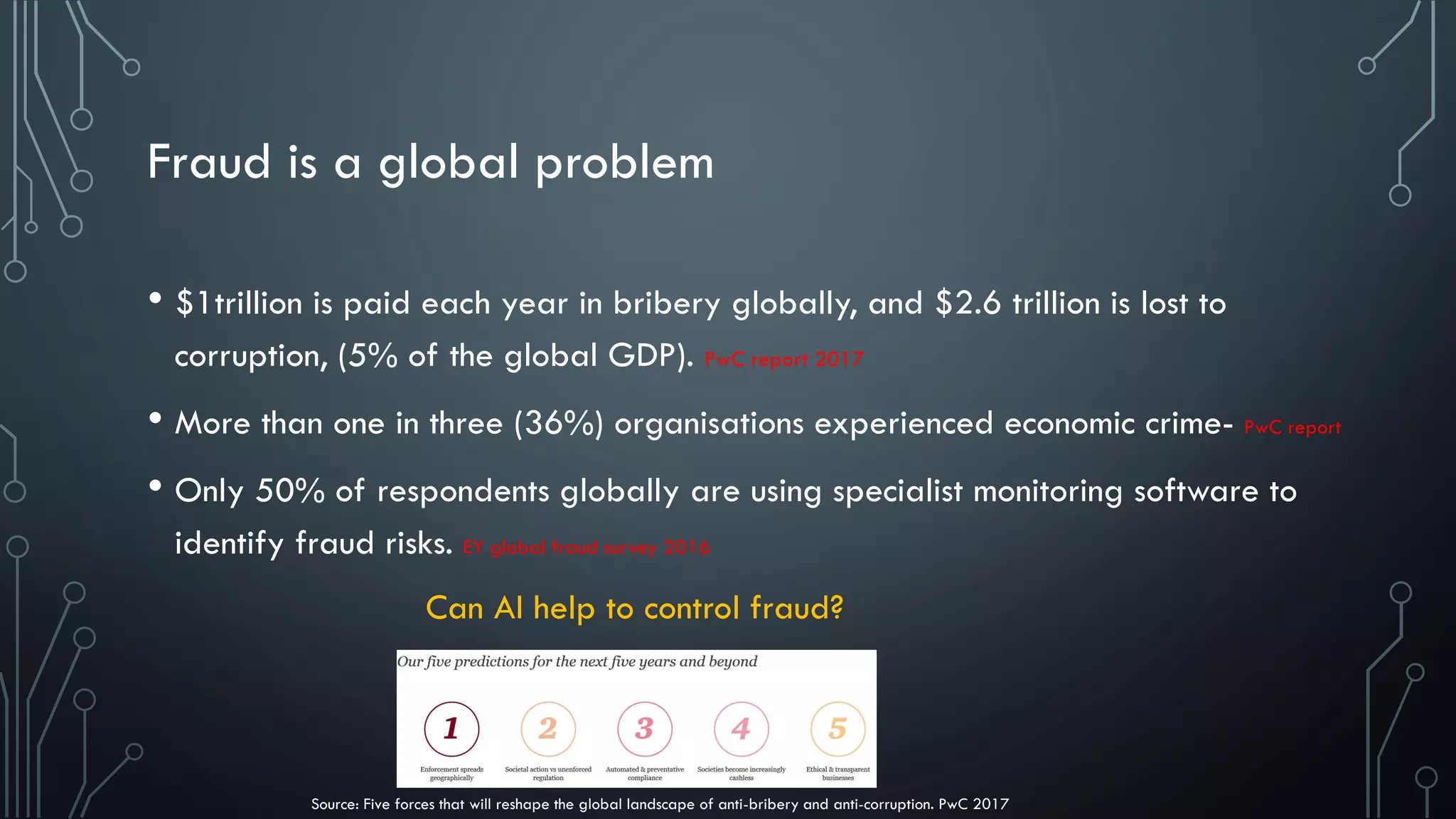 Fraud is a global problem
• $1trillion is paid each year in bribery globally, and $2.6 trillion is lost to
corruption, (5% of the global GDP). PwC report 2017
• More than one in three (36%) organisations experienced economic crime- PwC report
• Only 50% of respondents globally are using specialist monitoring software to
identify fraud risks. EY global fraud survey 2016
Can AI help to control fraud?
Source: Five forces that will reshape the global landscape of anti-bribery and anti-corruption. PwC 2017
 